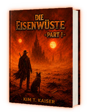 Buchcover: Die Eisenwüste – Part I. Ein Wanderer mit Hund vor einem dunklen Turm in glühender Wüste.