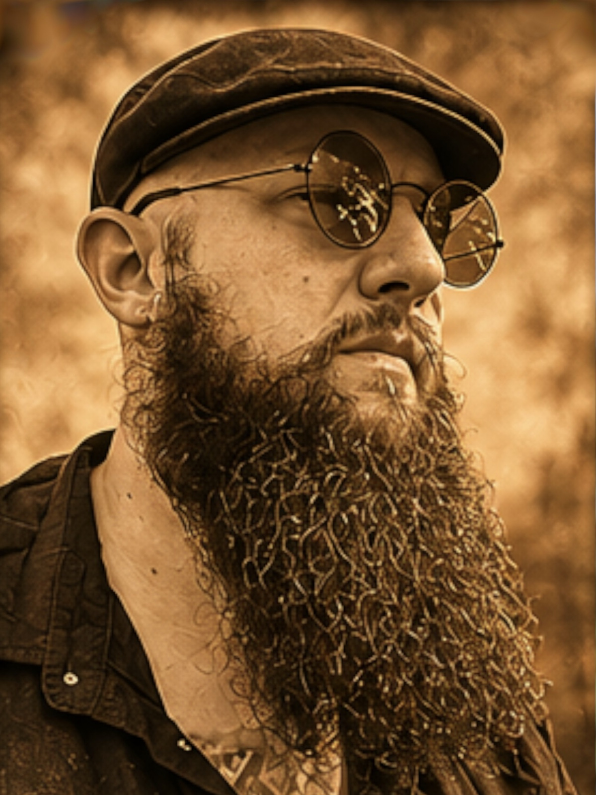 Porträt von Kim T. Kaiser mit Schiebermütze, runder Sonnenbrille und langem Bart, in warmem Sepia-Ton.